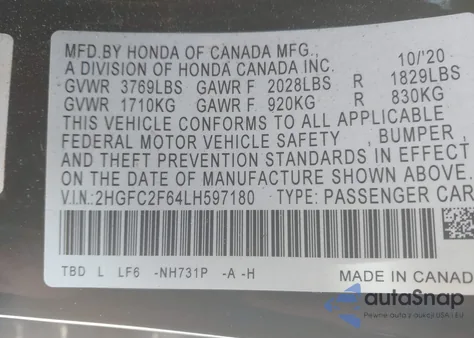 2020 Honda Civic Lx z USA, uszkodzony, nr VIN 2HGFC2F64LH597180